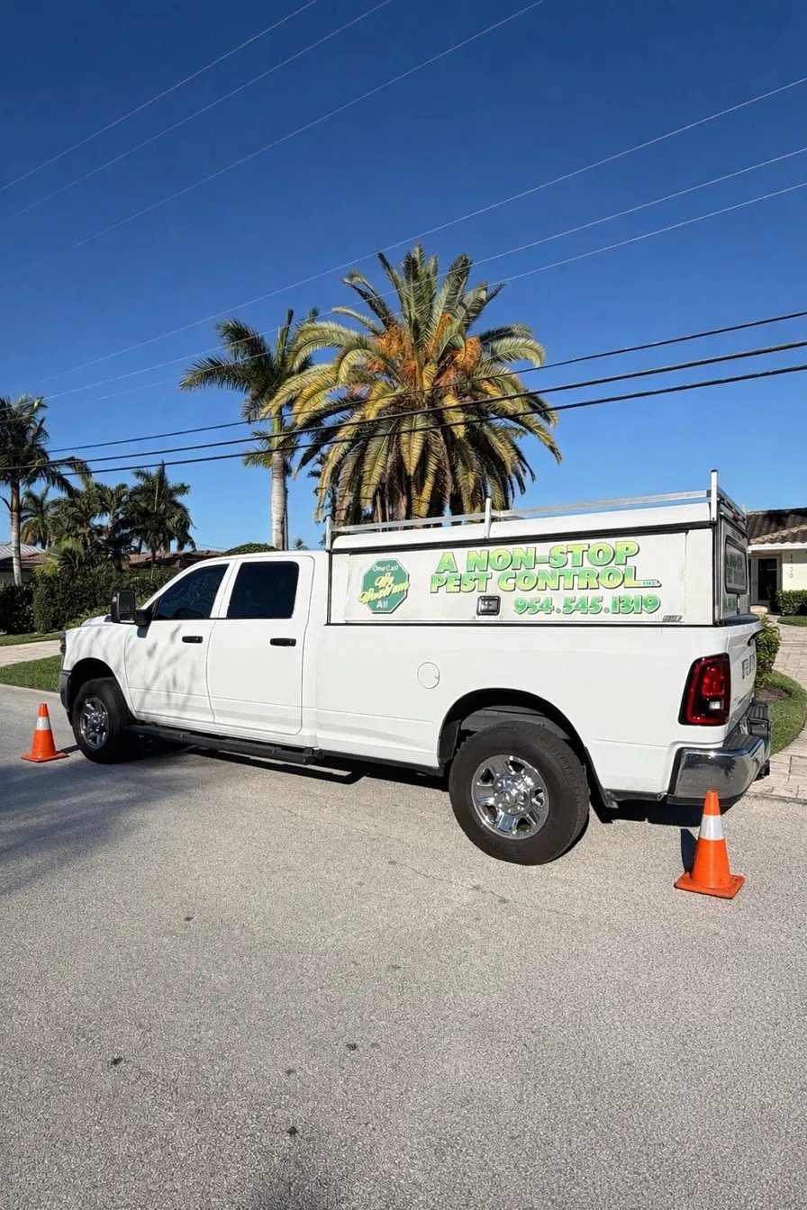 A Non-Stop Pest Control service truck parked on a residential street under palm trees